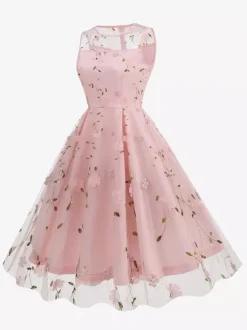 Vintage 1950s Floral Midi Dress For Women - Embroidery Mesh Illusion Neck A-Line Swing Prom Dress - Summer Cocktail 2026