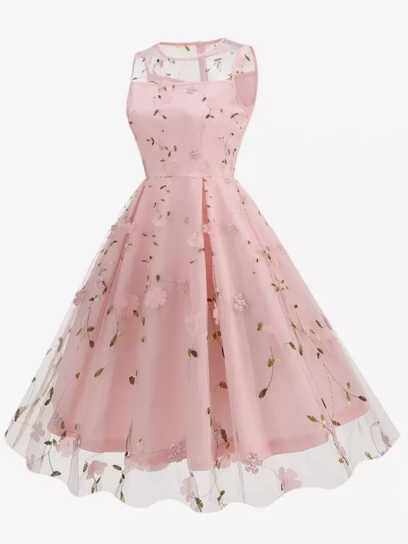Vintage 1950s Floral Midi Dress For Women - Embroidery Mesh Illusion Neck A-Line Swing Prom Dress - Summer Cocktail 2026