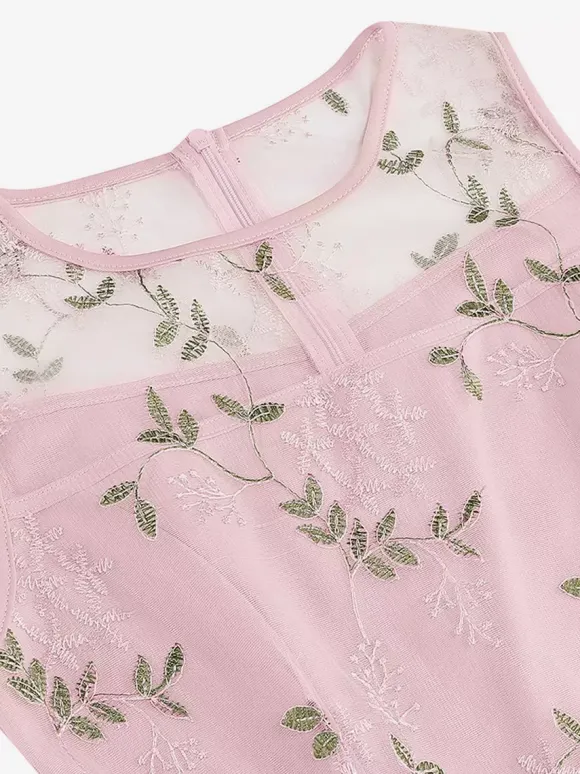Vintage 1950s Floral Midi Dress For Women - Embroidery Mesh Illusion Neck A-Line Swing Prom Dress - Summer Cocktail 2026