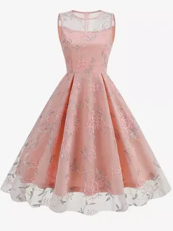 Vintage 1950s Floral Midi Dress For Women - Embroidery Mesh Illusion Neck A-Line Swing Prom Dress - Summer Cocktail 2026