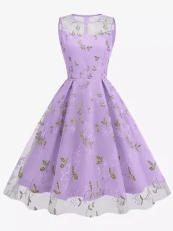 Vintage 1950s Floral Midi Dress For Women - Embroidery Mesh Illusion Neck A-Line Swing Prom Dress - Summer Cocktail 2026