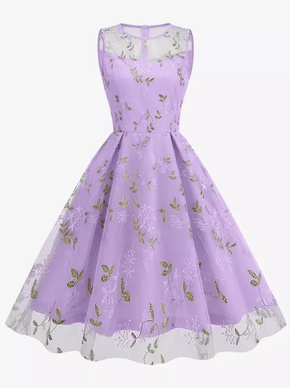 Vintage 1950s Floral Midi Dress For Women - Embroidery Mesh Illusion Neck A-Line Swing Prom Dress - Summer Cocktail 2026
