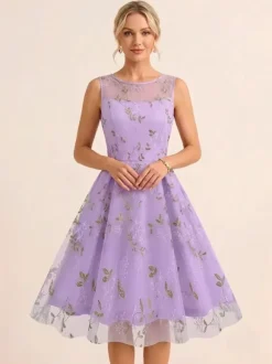 Vintage 1950s Floral Midi Dress For Women - Embroidery Mesh Illusion Neck A-Line Swing Prom Dress - Summer Cocktail 2026