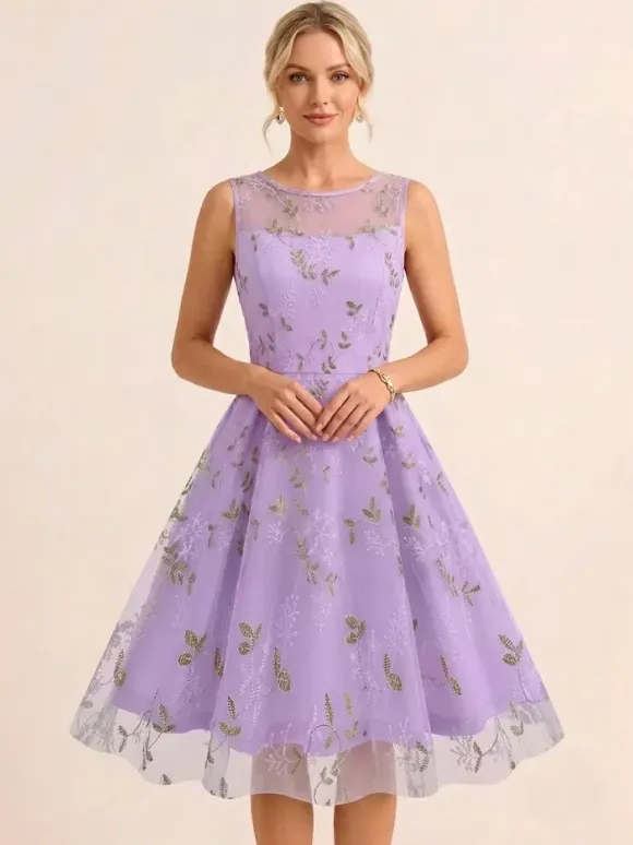 Vintage 1950s Floral Midi Dress For Women - Embroidery Mesh Illusion Neck A-Line Swing Prom Dress - Summer Cocktail 2026