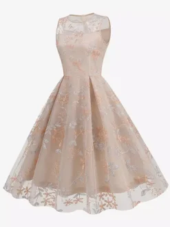 Vintage 1950s Floral Midi Dress For Women - Embroidery Mesh Illusion Neck A-Line Swing Prom Dress - Summer Cocktail 2026