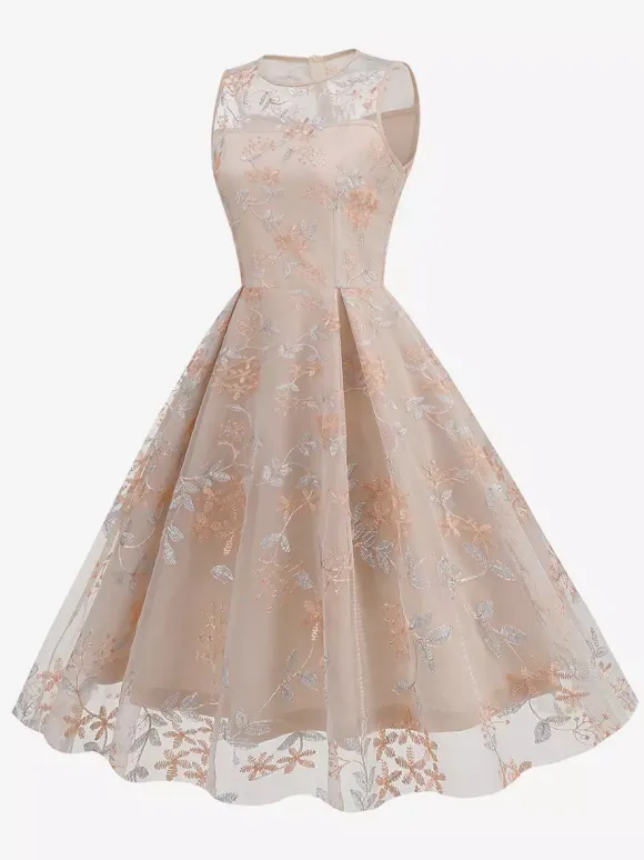 Vintage 1950s Floral Midi Dress For Women - Embroidery Mesh Illusion Neck A-Line Swing Prom Dress - Summer Cocktail 2026