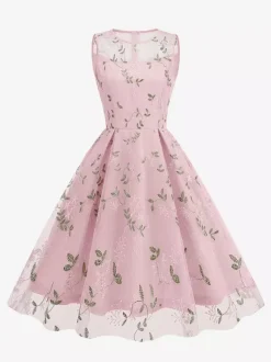 Vintage 1950s Floral Midi Dress For Women - Embroidery Mesh Illusion Neck A-Line Swing Prom Dress - Summer Cocktail 2026
