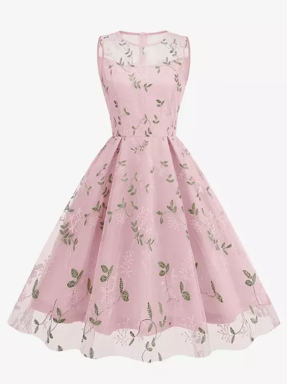 Vintage 1950s Floral Midi Dress For Women - Embroidery Mesh Illusion Neck A-Line Swing Prom Dress - Summer Cocktail 2026