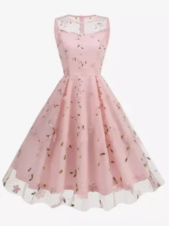 Vintage 1950s Floral Midi Dress For Women - Embroidery Mesh Illusion Neck A-Line Swing Prom Dress - Summer Cocktail 2026