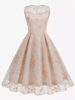 Vintage 1950s Floral Midi Dress For Women - Embroidery Mesh Illusion Neck A-Line Swing Prom Dress - Summer Cocktail 2026
