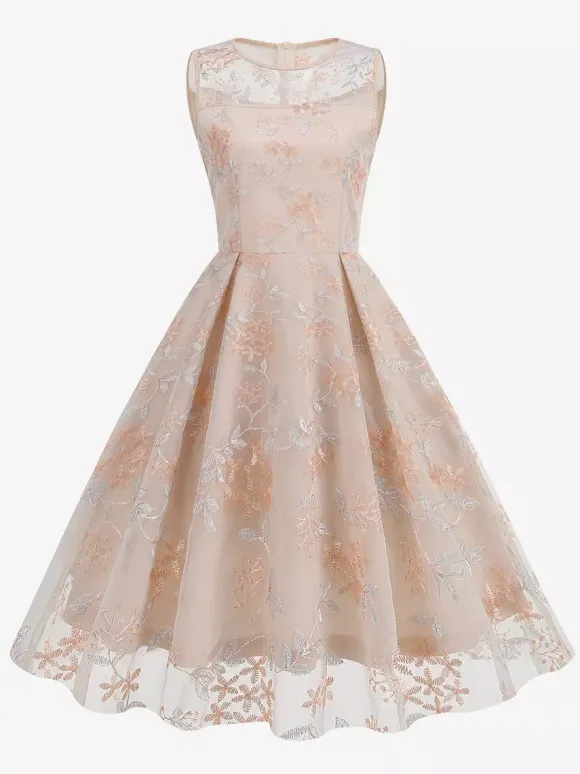Vintage 1950s Floral Midi Dress For Women - Embroidery Mesh Illusion Neck A-Line Swing Prom Dress - Summer Cocktail 2026