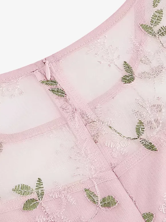 Vintage 1950s Floral Midi Dress For Women - Embroidery Mesh Illusion Neck A-Line Swing Prom Dress - Summer Cocktail 2026