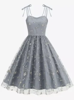 Vintage 1950s Floral Prom Dress For Women - Embroidery Mesh Tie-Shoulder A-Line Swing Midi Dress - Summer Cocktail 2026