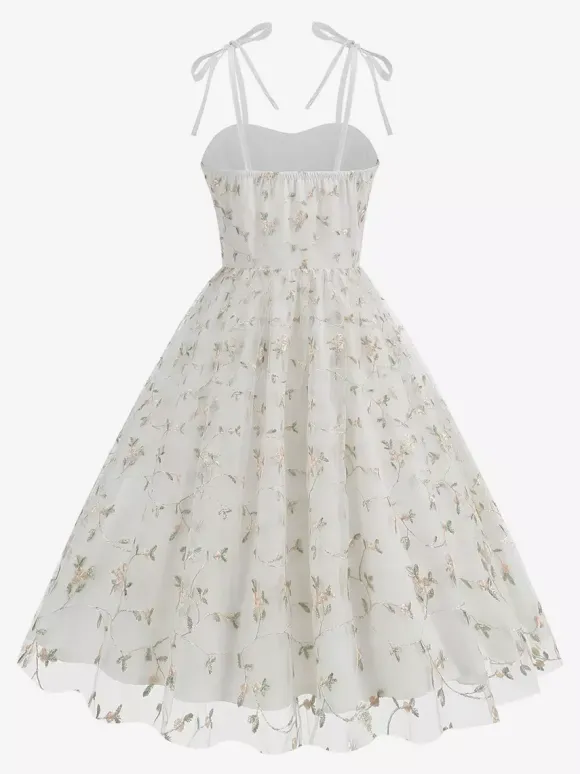 Vintage 1950s Floral Prom Dress For Women - Embroidery Mesh Tie-Shoulder A-Line Swing Midi Dress - Summer Cocktail 2026