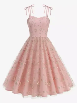 Vintage 1950s Floral Prom Dress For Women - Embroidery Mesh Tie-Shoulder A-Line Swing Midi Dress - Summer Cocktail 2026