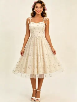 Vintage 1950s Floral Prom Dress For Women - Embroidery Mesh Tie-Shoulder A-Line Swing Midi Dress - Summer Cocktail 2026