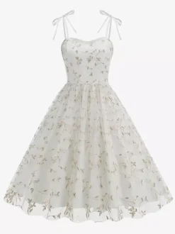 Vintage 1950s Floral Prom Dress For Women - Embroidery Mesh Tie-Shoulder A-Line Swing Midi Dress - Summer Cocktail 2026