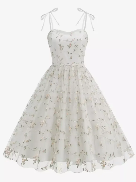 Vintage 1950s Floral Prom Dress For Women - Embroidery Mesh Tie-Shoulder A-Line Swing Midi Dress - Summer Cocktail 2026