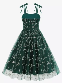 Vintage 1950s Floral Prom Dress For Women - Embroidery Mesh Tie-Shoulder A-Line Swing Midi Dress - Summer Cocktail 2026