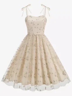 Vintage 1950s Floral Prom Dress For Women - Embroidery Mesh Tie-Shoulder A-Line Swing Midi Dress - Summer Cocktail 2026