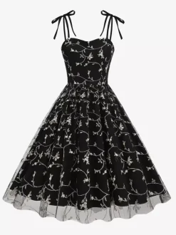 Vintage 1950s Floral Prom Dress For Women - Embroidery Mesh Tie-Shoulder A-Line Swing Midi Dress - Summer Cocktail 2026