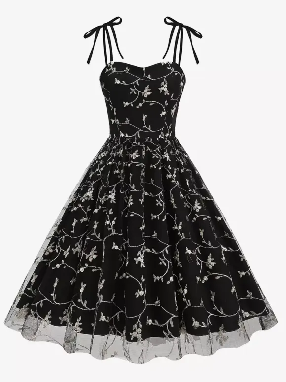 Vintage 1950s Floral Prom Dress For Women - Embroidery Mesh Tie-Shoulder A-Line Swing Midi Dress - Summer Cocktail 2026