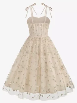 Vintage 1950s Floral Prom Dress For Women - Embroidery Mesh Tie-Shoulder A-Line Swing Midi Dress - Summer Cocktail 2026