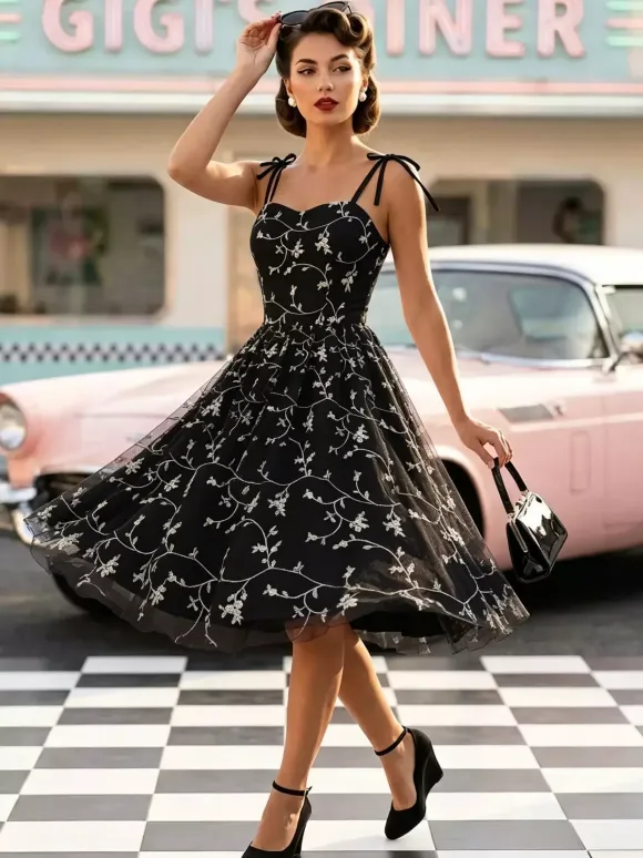 Vintage 1950s Floral Prom Dress For Women - Embroidery Mesh Tie-Shoulder A-Line Swing Midi Dress - Summer Cocktail 2026
