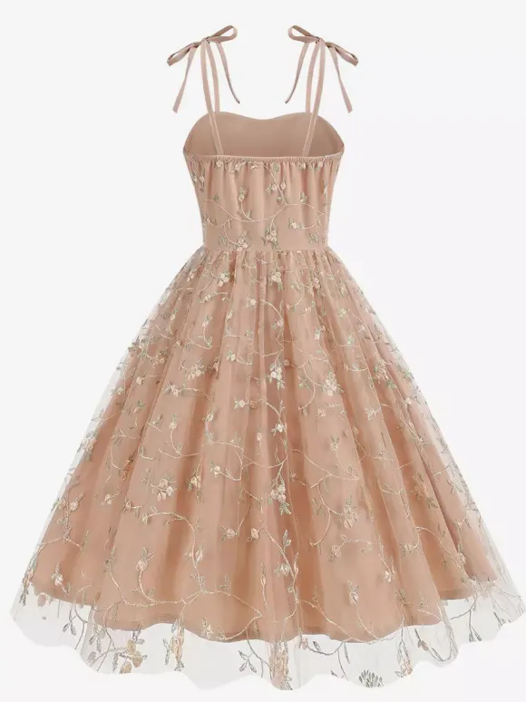 Vintage 1950s Floral Prom Dress For Women - Embroidery Mesh Tie-Shoulder A-Line Swing Midi Dress - Summer Cocktail 2026