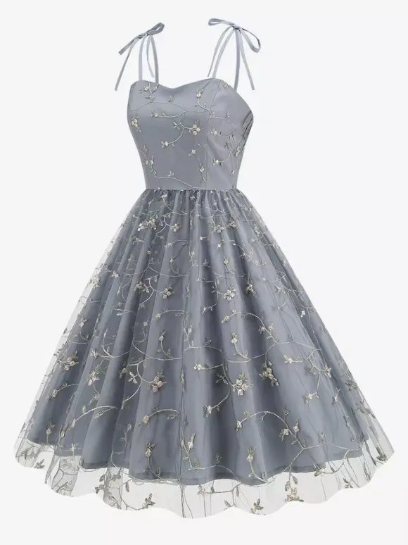 Vintage 1950s Floral Prom Dress For Women - Embroidery Mesh Tie-Shoulder A-Line Swing Midi Dress - Summer Cocktail 2026