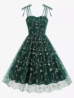 Vintage 1950s Floral Prom Dress For Women - Embroidery Mesh Tie-Shoulder A-Line Swing Midi Dress - Summer Cocktail 2026