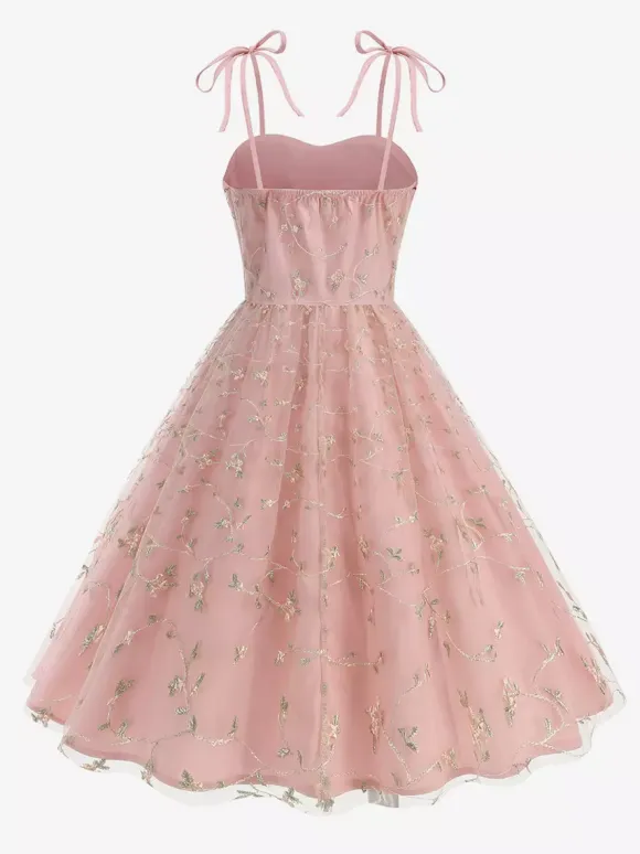 Vintage 1950s Floral Prom Dress For Women - Embroidery Mesh Tie-Shoulder A-Line Swing Midi Dress - Summer Cocktail 2026