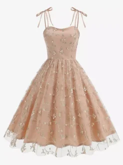 Vintage 1950s Floral Prom Dress For Women - Embroidery Mesh Tie-Shoulder A-Line Swing Midi Dress - Summer Cocktail 2026
