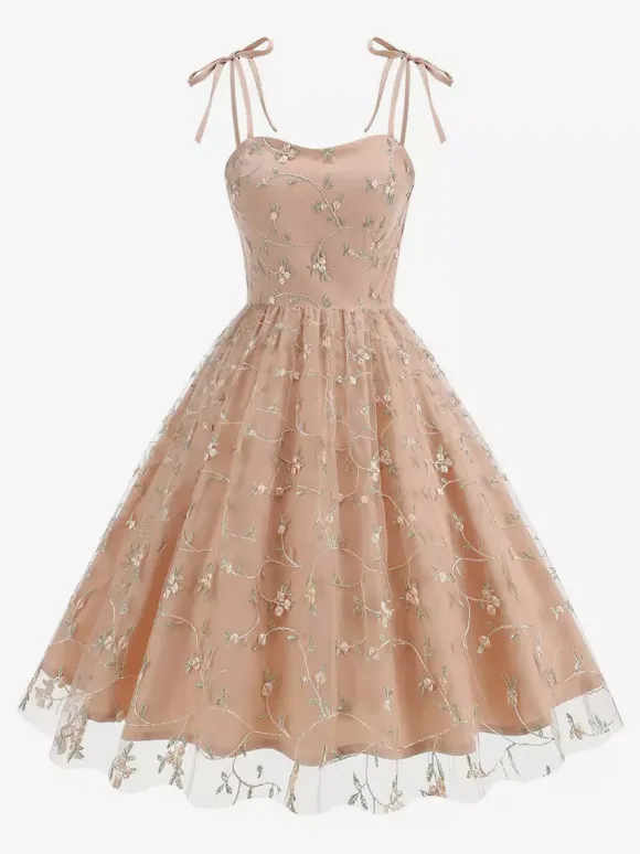 Vintage 1950s Floral Prom Dress For Women - Embroidery Mesh Tie-Shoulder A-Line Swing Midi Dress - Summer Cocktail 2026