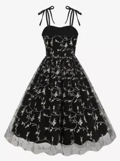 Vintage 1950s Floral Prom Dress For Women - Embroidery Mesh Tie-Shoulder A-Line Swing Midi Dress - Summer Cocktail 2026