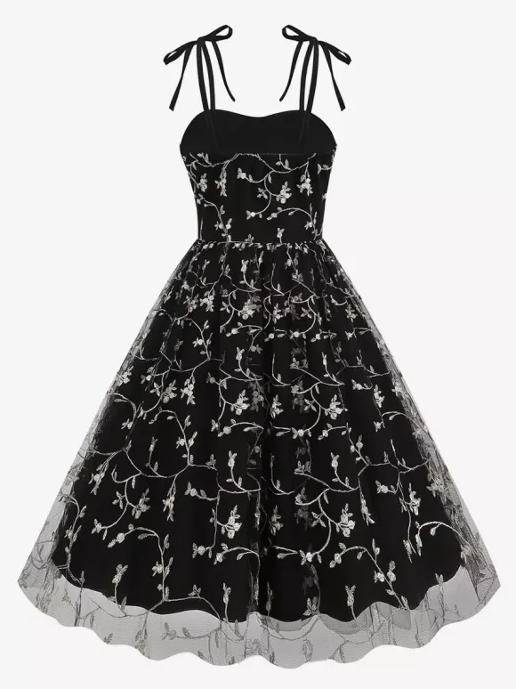 Vintage 1950s Floral Prom Dress For Women - Embroidery Mesh Tie-Shoulder A-Line Swing Midi Dress - Summer Cocktail 2026