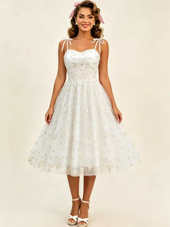 Vintage 1950s Floral Prom Dress For Women - Embroidery Mesh Tie-Shoulder A-Line Swing Midi Dress - Summer Cocktail 2026