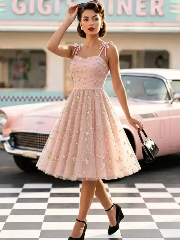 Vintage 1950s Floral Prom Dress For Women - Embroidery Mesh Tie-Shoulder A-Line Swing Midi Dress - Summer Cocktail 2026