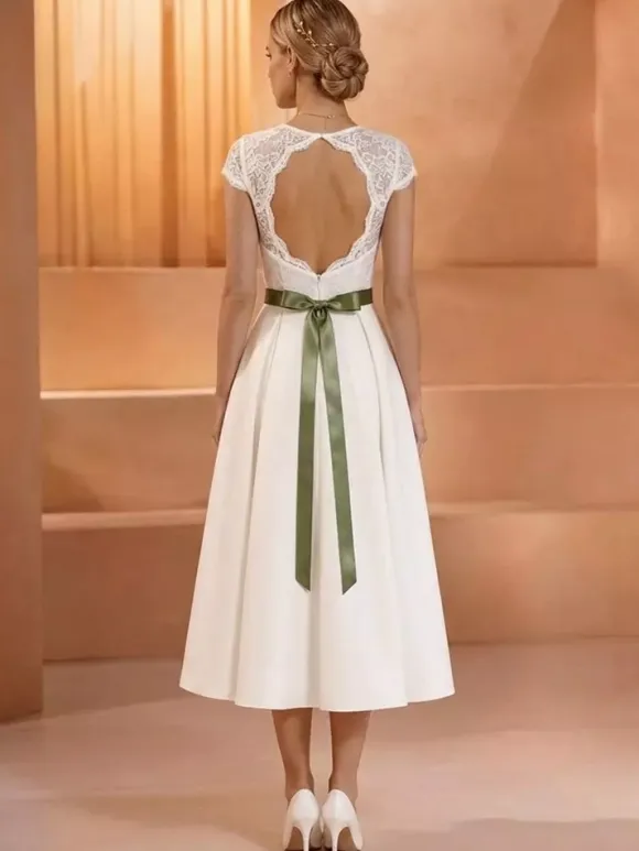 Vintage Short Wedding Dress Sweetheart Neck Short Sleeves Natural Waist Lace Tea-Length Sash Bridal Gowns