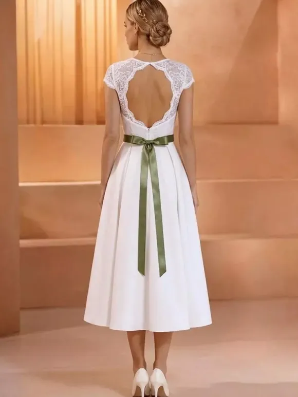 Vintage Short Wedding Dress Sweetheart Neck Short Sleeves Natural Waist Lace Tea-Length Sash Bridal Gowns
