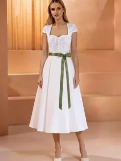 Vintage Short Wedding Dress Sweetheart Neck Short Sleeves Natural Waist Lace Tea-Length Sash Bridal Gowns