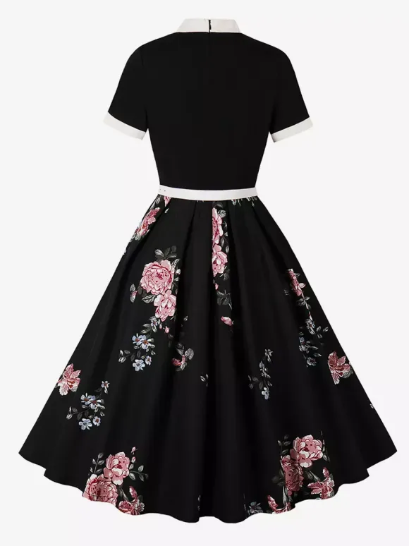 Vintage 1950s Midi Dress For Women - Bow Tie Neck Printed A-Line Swing Dress - Spring Tea Party 2026
