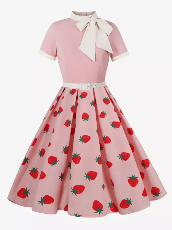 Vintage 1950s Midi Dress For Women - Bow Tie Neck Printed A-Line Swing Dress - Spring Tea Party 2026
