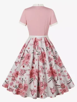 Vintage 1950s Midi Dress For Women - Bow Tie Neck Printed A-Line Swing Dress - Spring Tea Party 2026