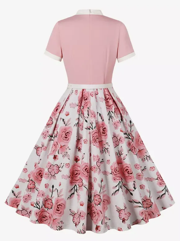 Vintage 1950s Midi Dress For Women - Bow Tie Neck Printed A-Line Swing Dress - Spring Tea Party 2026
