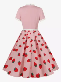 Vintage 1950s Midi Dress For Women - Bow Tie Neck Printed A-Line Swing Dress - Spring Tea Party 2026