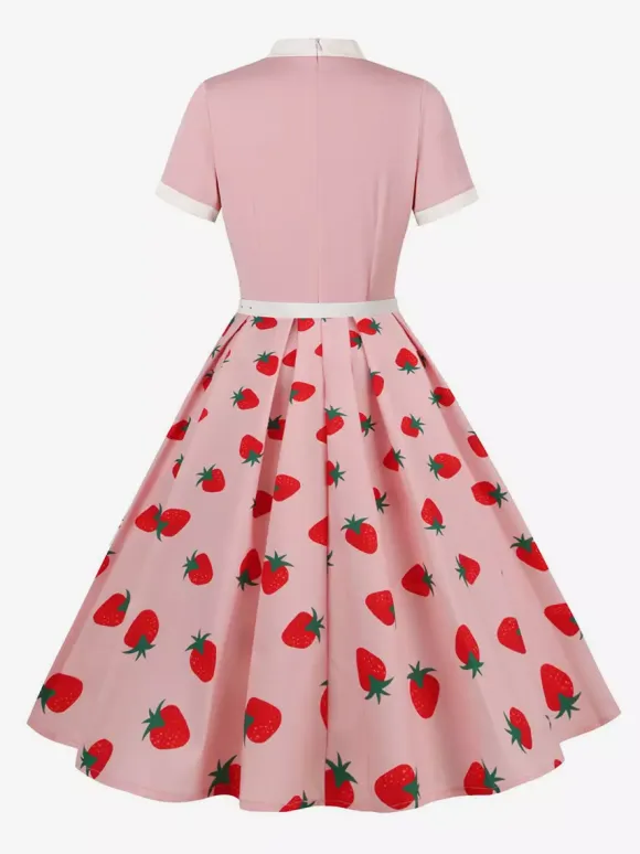 Vintage 1950s Midi Dress For Women - Bow Tie Neck Printed A-Line Swing Dress - Spring Tea Party 2026