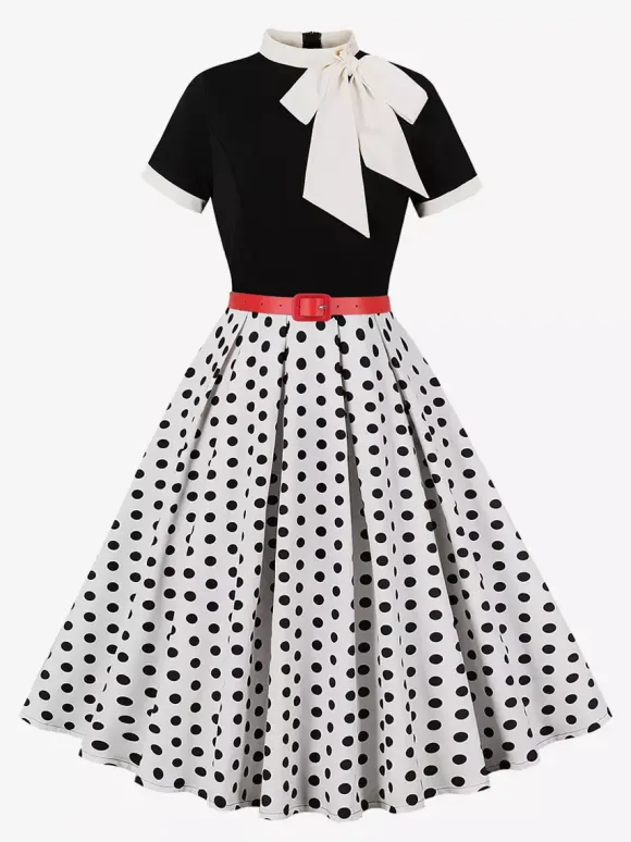 Vintage 1950s Midi Dress For Women - Bow Tie Neck Printed A-Line Swing Dress - Spring Tea Party 2026