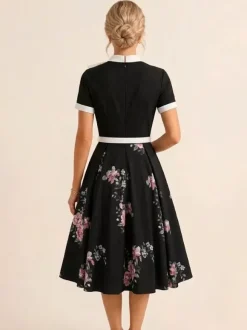 Vintage 1950s Midi Dress For Women - Bow Tie Neck Printed A-Line Swing Dress - Spring Tea Party 2026