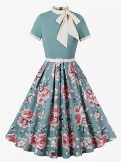 Vintage 1950s Midi Dress For Women - Bow Tie Neck Printed A-Line Swing Dress - Spring Tea Party 2026